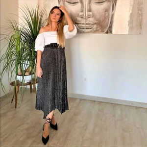 Zara Black White Pleated Satin Effect Polka Dot Print Midi Skirt Bloggers Fav S